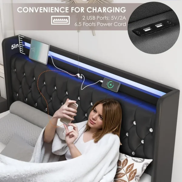 LED Bed Frame Charging Station and 4 Storage Drawers PU Upholstered Platform Bed  Handcrafted Crystal Button Wingback Headboard - Image 2