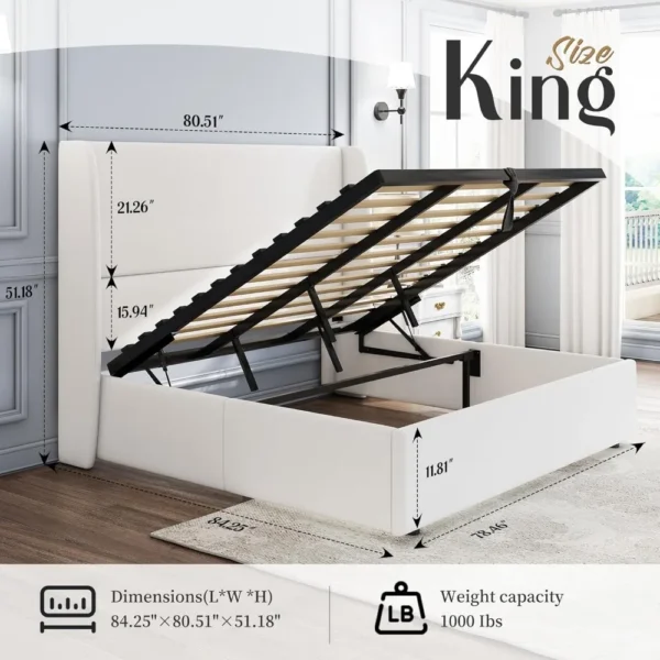 King Size Lift Up Storage Bed Upholstered Platform Bed Frame with Hydraulic Storage/Wingback Headboard/No Box Spring NeededWhite - Image 2