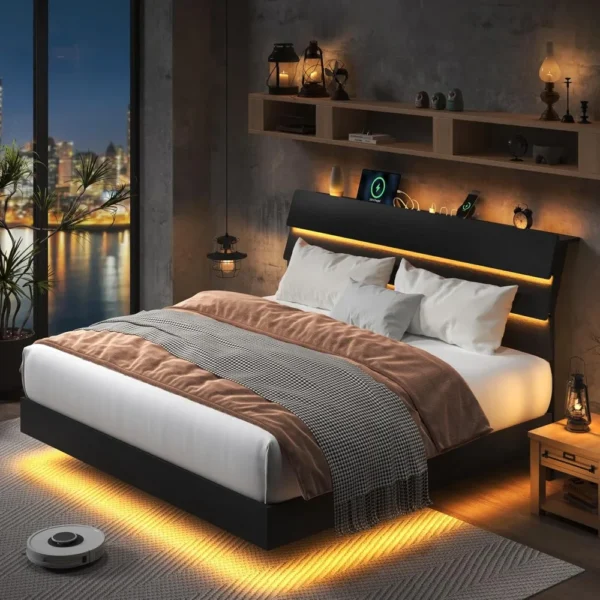 King Size Floating Bed Frame with Led Lights and Charging Station, Wood King Bed Frame with Storage Headboard