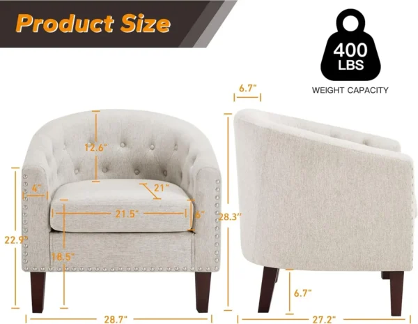 Accent Barrel Chairs Set of 2,Comfy Fabric Club Chair ArmChair with Thicken Cushion,Button-tufted Backrest & Nailhead Trim,Beige - Image 3