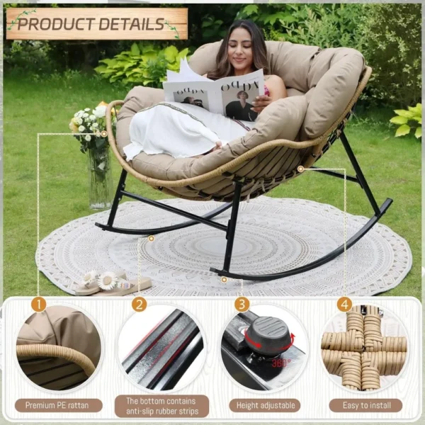 Outdoor  Rocking Chair with Padded Cushion, Oversized PE Rattan Comfy Royal Rocking Lounge Chair, Modern Comfy Patio Egg Chair - Image 4