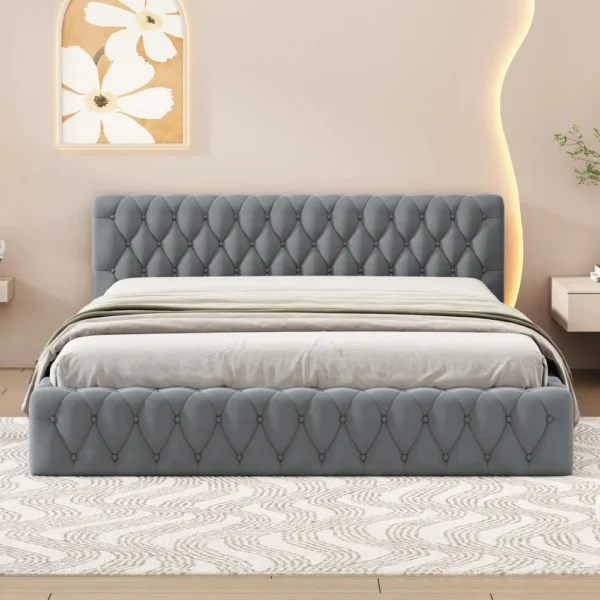 bed.Grounded Bed Upholstered Platform Bed with Unique Design Thick Fabric Headboard, Wood Platform Bed Frame for Kids Adults - Image 2