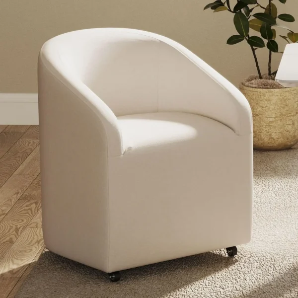 Set of 4 Modern White Upholstered Dining Chairs with Swivel Casters, Linen Barrel Back Accent Side Chair, Beige - Image 7