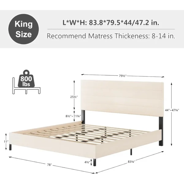 Bed Frame, Modern Upholstered Bed Frame with Adjustable Linen Headboard, Wooden Slats Support Platform King Size Bed Frame - Image 3