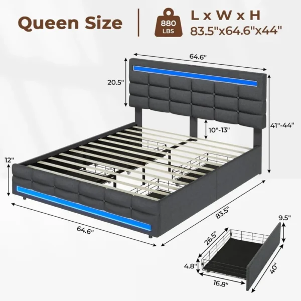 Queen Bed Frame with LED Lights Leather Platform Bed with Storage Drawers and Charging Station, Adjustable Headboard,Black - Image 2