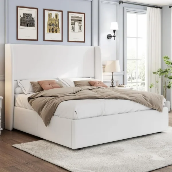 King Size Lift Up Storage Bed Upholstered Platform Bed Frame with Hydraulic Storage/Wingback Headboard/No Box Spring NeededWhite - Image 3
