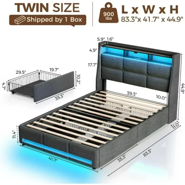 Beds Frame with LED Lights Charging Station,Upholstered Bed Storage Headboard,Drawers,Heavy Duty Wood Slats furniture bunk - Image 3