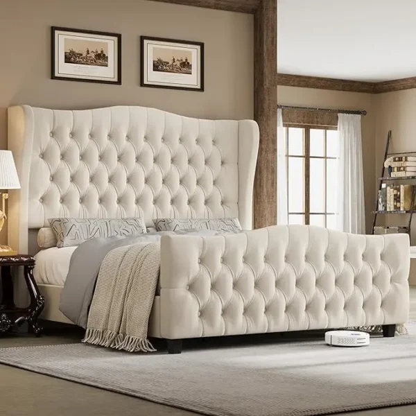 Full Size 54.3” Tall Platform Bed Frame with Deep Button Tufted Wingback Headboard and Footboard Velvet Upholstered Bed Frame