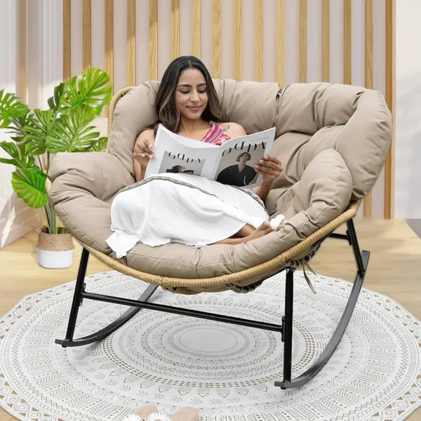 Outdoor  Rocking Chair with Padded Cushion, Oversized PE Rattan Comfy Royal Rocking Lounge Chair, Modern Comfy Patio Egg Chair - Image 8