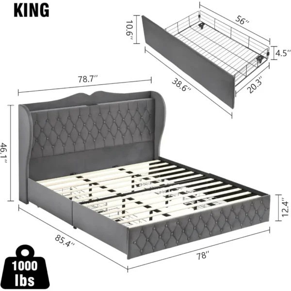 Bed Frame, 4 Storage Drawers and Charging Station Velvet Upholstered Bed with Tall Headboard and Storage Shelf, Bedroom Furnture - Image 2