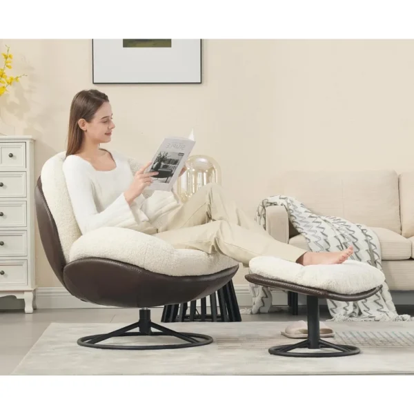 Swivel Accent Chair with Ottoman, Modern Faux Fur Living Room Lounge Chair Arm Chair with Footrest Heavy Duty Base Support - Image 2
