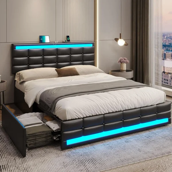 Queen Bed Frame with LED Lights Leather Platform Bed with Storage Drawers and Charging Station, Adjustable Headboard,Black - Image 8