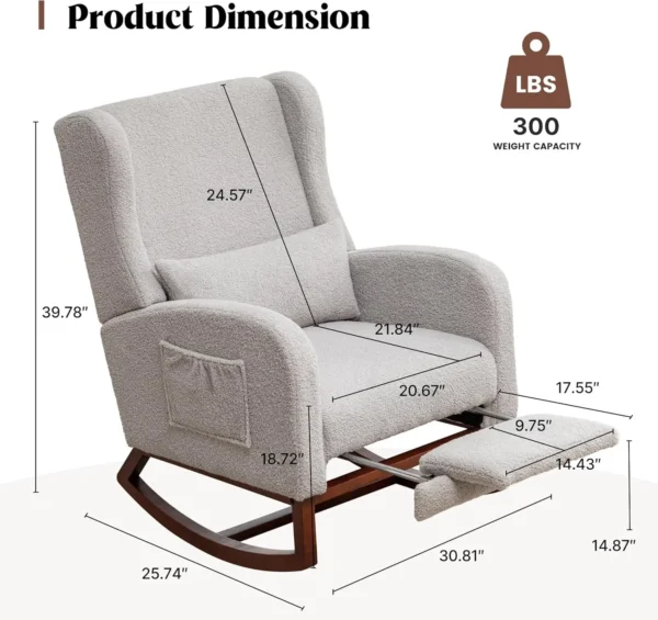 Rocking Chair Nursery with Foot Rest, Wingback Nursery Rocking Chairs, Teddy Nursing Glider Rocker Chair with Pillow and High - Image 2