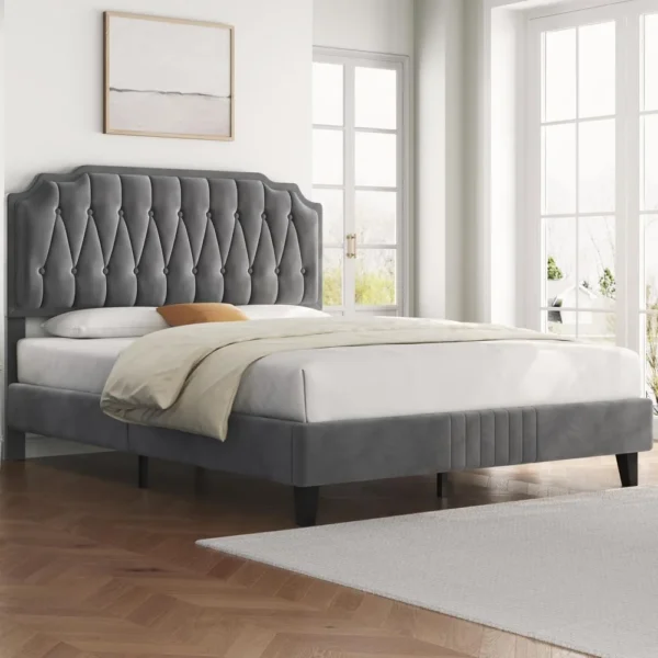 Queen Bed Frame Velvet Upholstered Platform Bed with Curved Headboard,No Box Spring Needed/Easy Assembly, Dark Gray Queen Bed