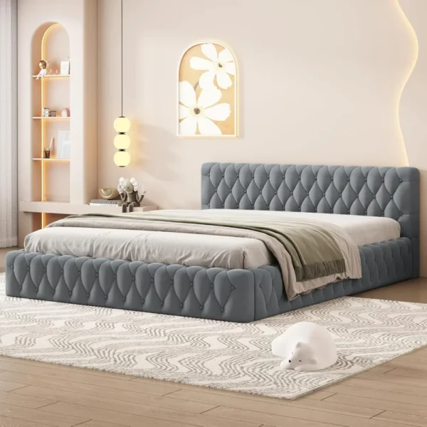 bed.Grounded Bed Upholstered Platform Bed with Unique Design Thick Fabric Headboard, Wood Platform Bed Frame for Kids Adults