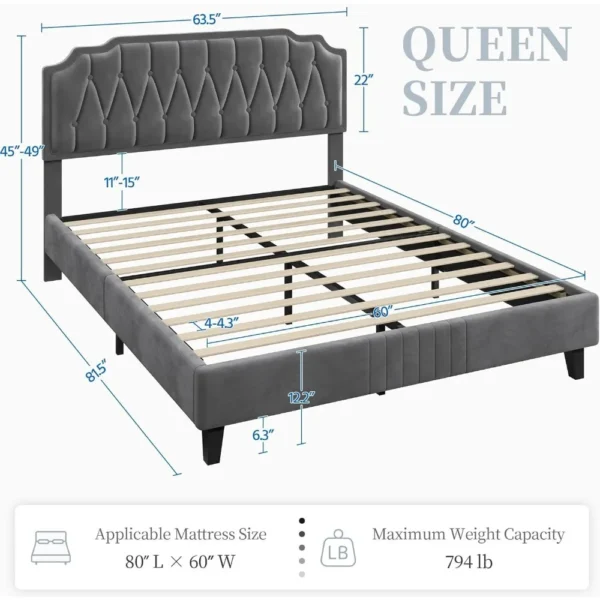 Queen Bed Frame Velvet Upholstered Platform Bed with Curved Headboard,No Box Spring Needed/Easy Assembly, Dark Gray Queen Bed - Image 2