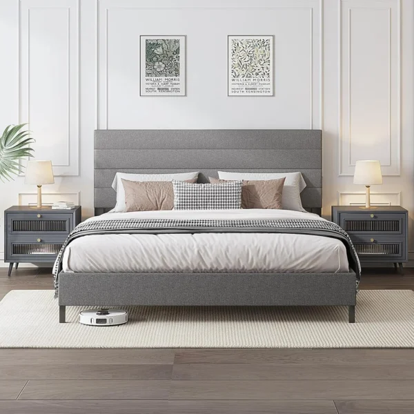 Bed Frame, Modern Upholstered Bed Frame with Adjustable Linen Headboard, Wooden Slats Support Platform King Size Bed Frame - Image 8