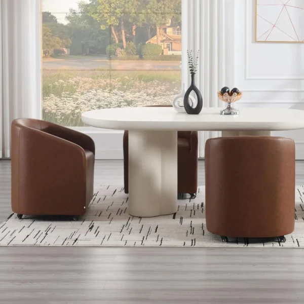Set of 4 Modern White Upholstered Dining Chairs with Swivel Casters, Linen Barrel Back Accent Side Chair, Beige - Image 9