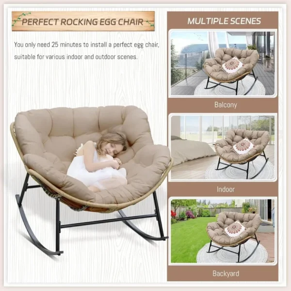 Outdoor  Rocking Chair with Padded Cushion, Oversized PE Rattan Comfy Royal Rocking Lounge Chair, Modern Comfy Patio Egg Chair - Image 5