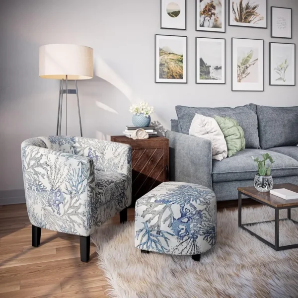 Accent Chair with Ottoman,Curved Back Living Room Chair,Stylish Barrel Club Chair and Footrest Set,Upholstered Round Tub Reading - Image 3