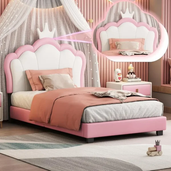 Upholstered Princess Bed with Crown Headboard, Full Size Platform Bed with Headboard and Footboard Beds Frames - Image 8