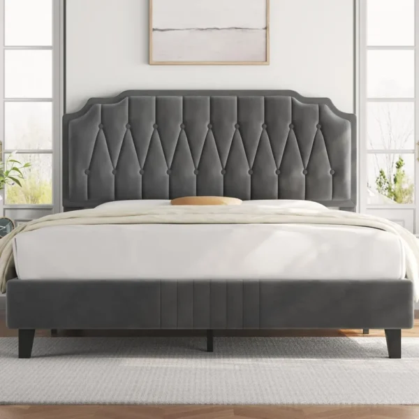 Queen Bed Frame Velvet Upholstered Platform Bed with Curved Headboard,No Box Spring Needed/Easy Assembly, Dark Gray Queen Bed - Image 3