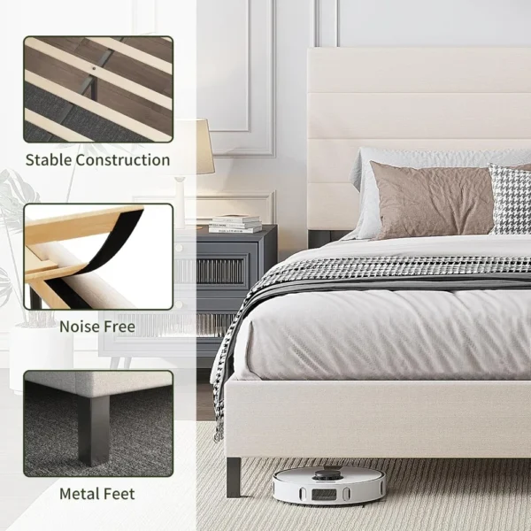 Bed Frame, Modern Upholstered Bed Frame with Adjustable Linen Headboard, Wooden Slats Support Platform King Size Bed Frame - Image 5