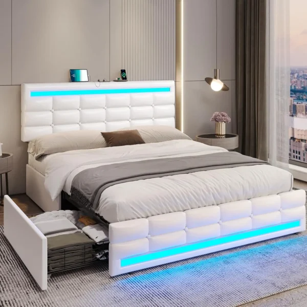 Queen Bed Frame with LED Lights Leather Platform Bed with Storage Drawers and Charging Station, Adjustable Headboard,Black - Image 9