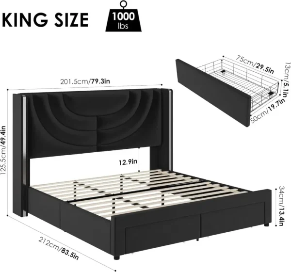 King Upholstered LED Bed Frame with 2 Storage Drawers, Velvet Platform Bed with Wingback Headboard, Solid Wooden Slats Support - Image 5