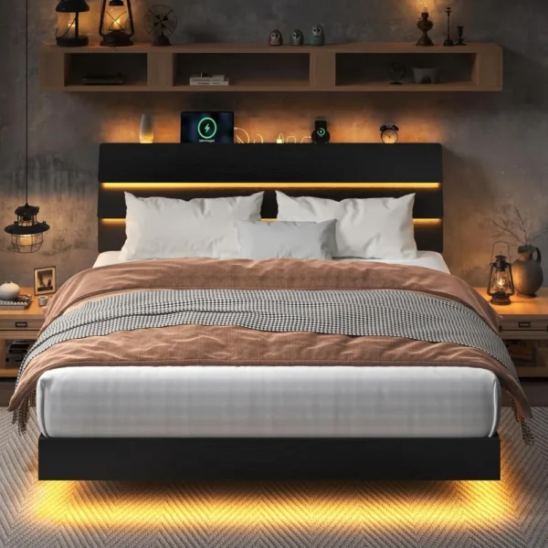 King Size Floating Bed Frame with Led Lights and Charging Station, Wood King Bed Frame with Storage Headboard - Image 6