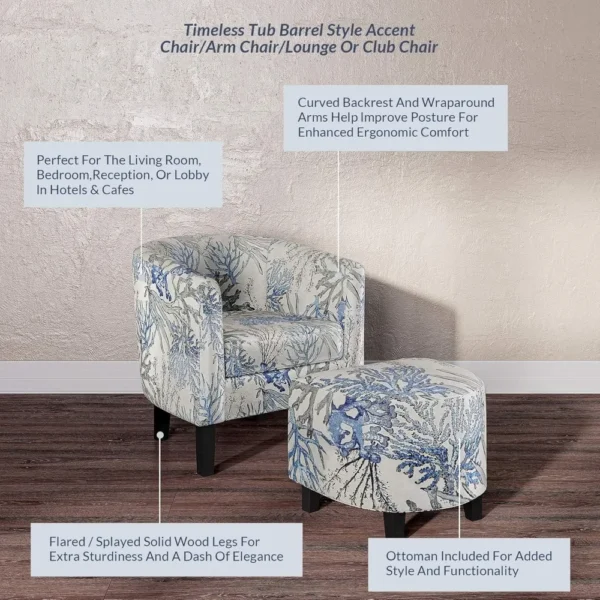 Accent Chair with Ottoman,Curved Back Living Room Chair,Stylish Barrel Club Chair and Footrest Set,Upholstered Round Tub Reading - Image 4