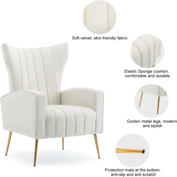 Accent Chair Set of 2, Velvet Wingback Armchair Modern Upholstered Single Sofa with Metal Legs for Living Room Bedroom Nursery - Image 4