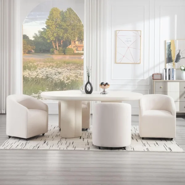 Set of 4 Modern White Upholstered Dining Chairs with Swivel Casters, Linen Barrel Back Accent Side Chair, Beige - Image 6