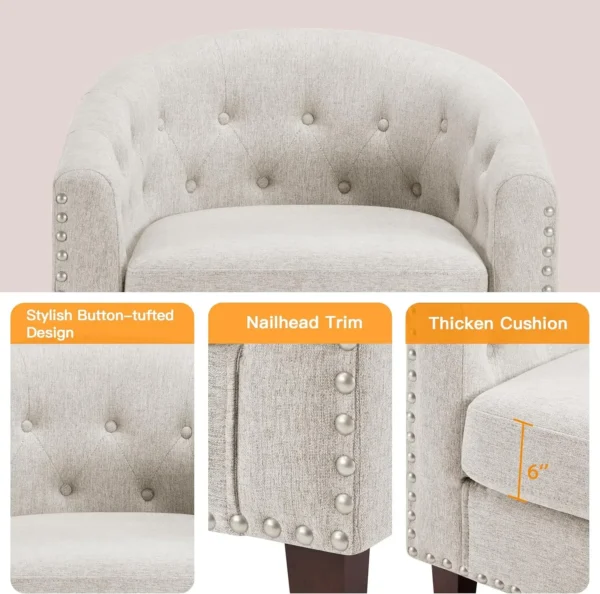 Accent Barrel Chairs Set of 2,Comfy Fabric Club Chair ArmChair with Thicken Cushion,Button-tufted Backrest & Nailhead Trim,Beige - Image 5