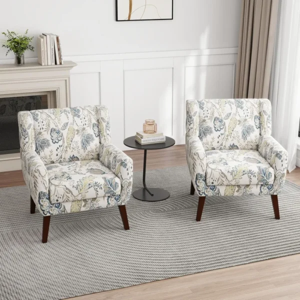 Floral Accent Chair, Modern Upholstered Armchair in Fabric for Living Room, Comfy Club Arm Chairs Single Sofa Button Tufted