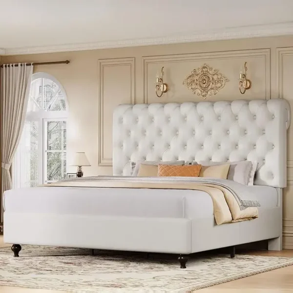 Mdwvo king size frame 54 "tall headboard, PU leather upholstery platform bed with solid wood leg, button tufted, no box spring n - Image 7