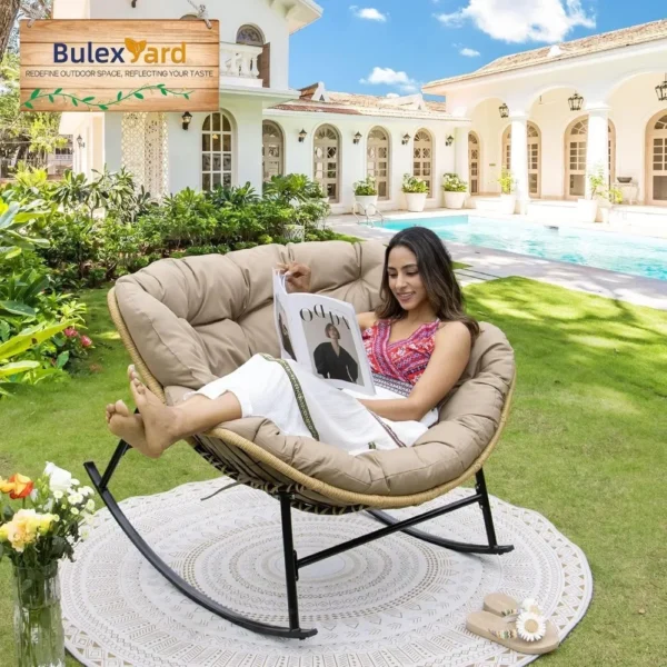 Outdoor  Rocking Chair with Padded Cushion, Oversized PE Rattan Comfy Royal Rocking Lounge Chair, Modern Comfy Patio Egg Chair - Image 3