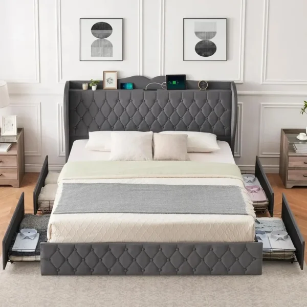 Bed Frame, 4 Storage Drawers and Charging Station Velvet Upholstered Bed with Tall Headboard and Storage Shelf, Bedroom Furnture - Image 3