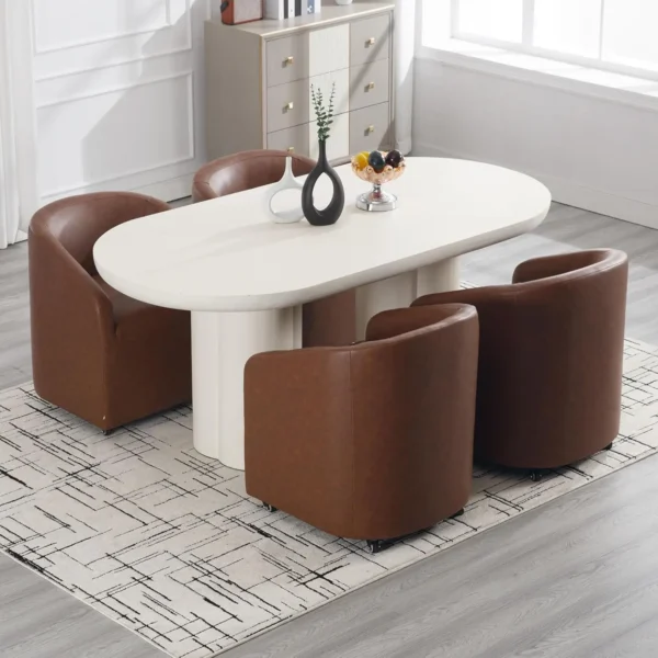 Set of 4 Modern White Upholstered Dining Chairs with Swivel Casters, Linen Barrel Back Accent Side Chair, Beige - Image 11