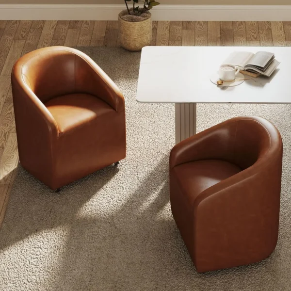Set of 4 Modern White Upholstered Dining Chairs with Swivel Casters, Linen Barrel Back Accent Side Chair, Beige - Image 22