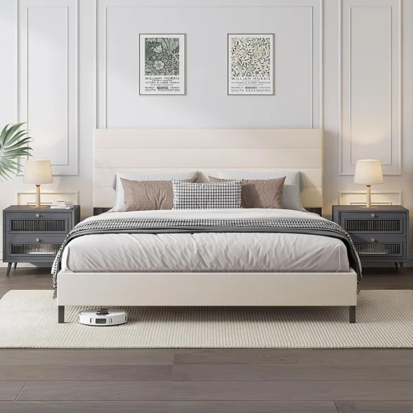 Bed Frame, Modern Upholstered Bed Frame with Adjustable Linen Headboard, Wooden Slats Support Platform King Size Bed Frame - Image 7