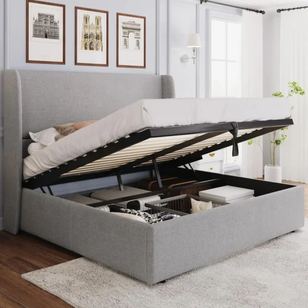 King Size Lift Up Storage Bed Upholstered Platform Bed Frame with Hydraulic Storage/Wingback Headboard/No Box Spring NeededWhite - Image 10