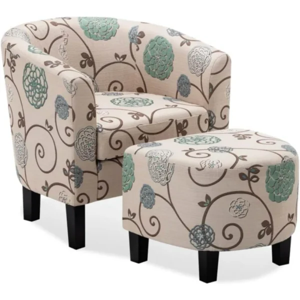 Accent Chair with Ottoman,Curved Back Living Room Chair,Stylish Barrel Club Chair and Footrest Set,Upholstered Round Tub Reading