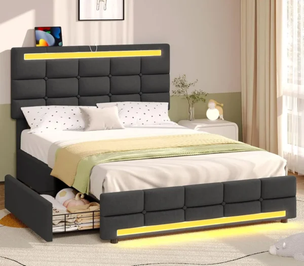 Queen Bed Frame with LED Lights Leather Platform Bed with Storage Drawers and Charging Station, Adjustable Headboard,Black - Image 7