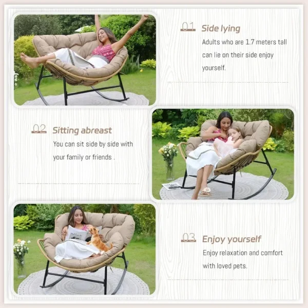 Outdoor  Rocking Chair with Padded Cushion, Oversized PE Rattan Comfy Royal Rocking Lounge Chair, Modern Comfy Patio Egg Chair - Image 6