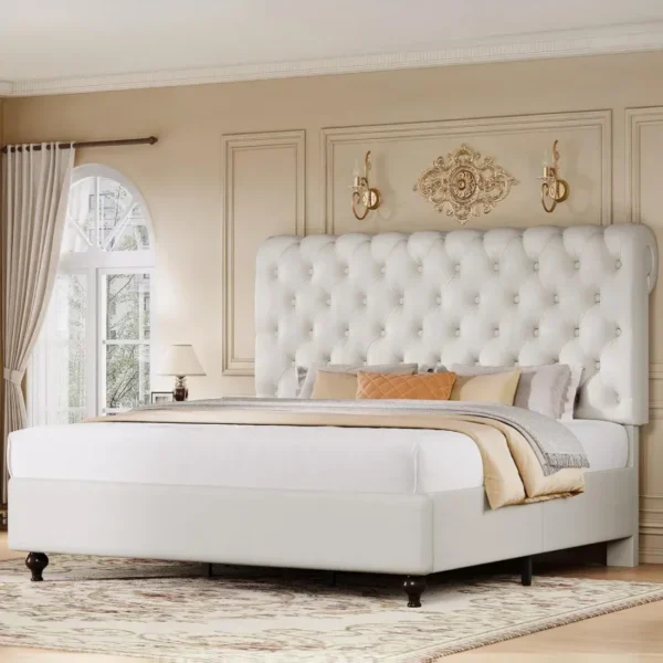 Mdwvo king size frame 54 "tall headboard, PU leather upholstery platform bed with solid wood leg, button tufted, no box spring n