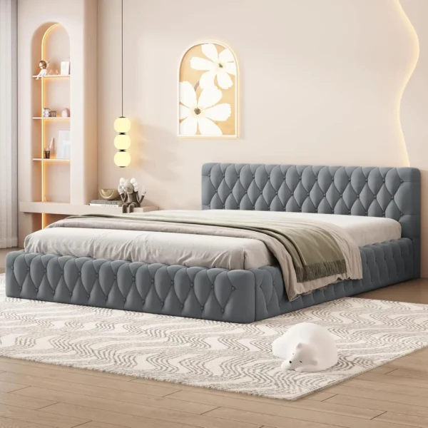 bed.Grounded Bed Upholstered Platform Bed with Unique Design Thick Fabric Headboard, Wood Platform Bed Frame for Kids Adults - Image 13