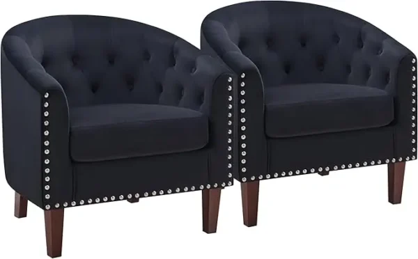 Accent Barrel Chairs Set of 2,Comfy Fabric Club Chair ArmChair with Thicken Cushion,Button-tufted Backrest & Nailhead Trim,Beige - Image 7