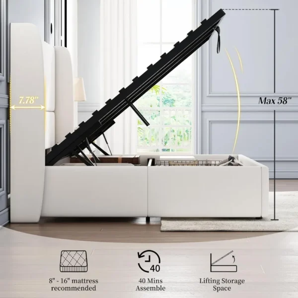 King Size Lift Up Storage Bed Upholstered Platform Bed Frame with Hydraulic Storage/Wingback Headboard/No Box Spring NeededWhite - Image 6
