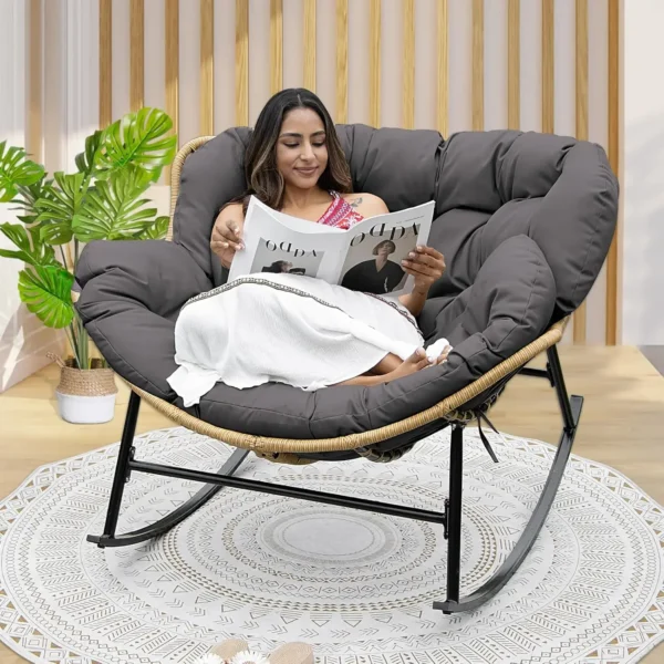Outdoor  Rocking Chair with Padded Cushion, Oversized PE Rattan Comfy Royal Rocking Lounge Chair, Modern Comfy Patio Egg Chair - Image 7
